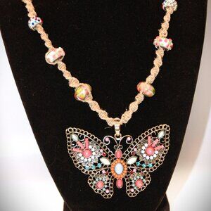 Large Multi-colored Gold Toned Butterfly on a Tan  Handmade Hemp 17" Necklace